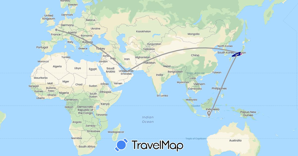 TravelMap itinerary: driving, plane, train in United Arab Emirates, France, Indonesia, Japan (Asia, Europe)